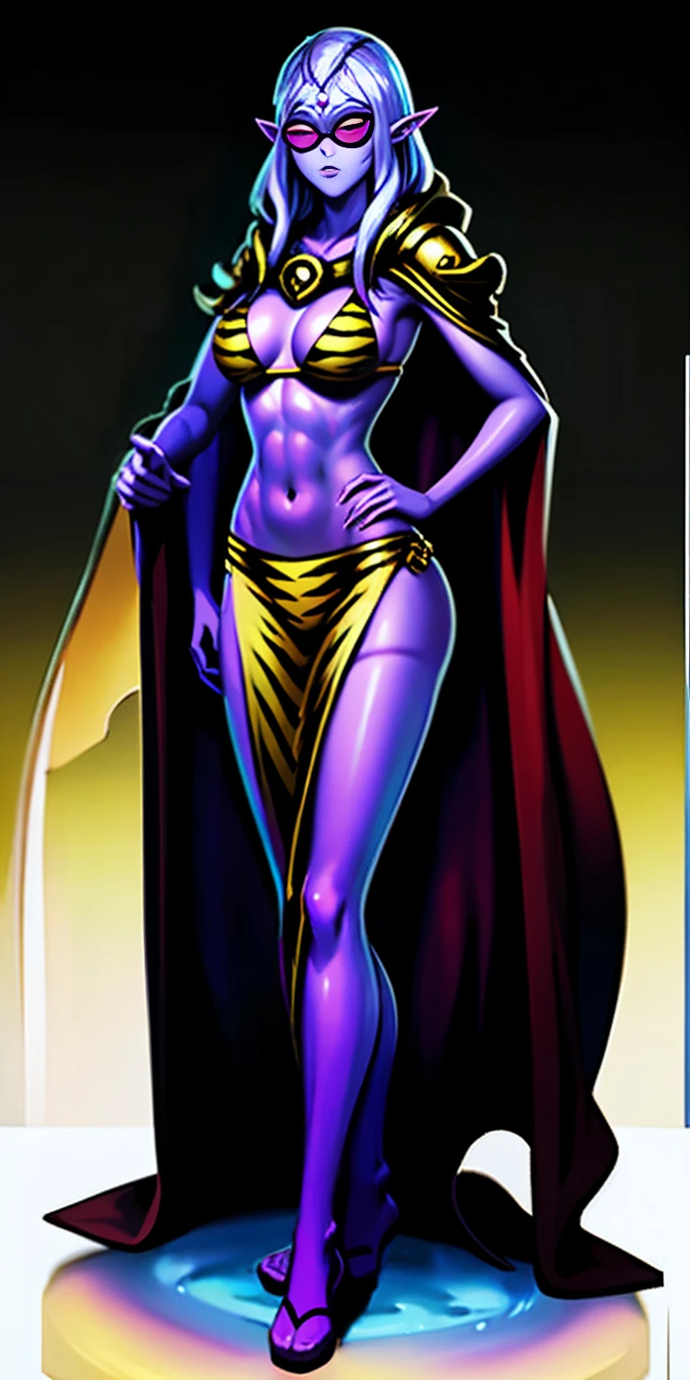 Full body, masterpiece, 1solofemale drow elf purple skin standing pose (yellow tiger ) red cape, red , long white hair, strong body, abs, Ultra Quality, shiny skin, Atmospheric, 8K, Cinematic ((PLAIN WHITE background)) BREAK, sunglasses