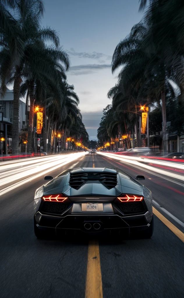 back view of a lamborghini speeding down in LA beverly hills, long exposure, light trails, photo
