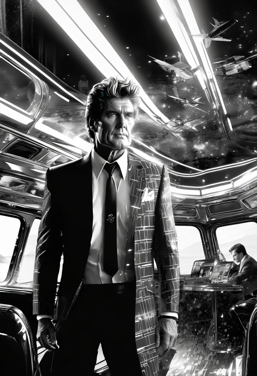 The Passenger, Seventeen, lorelei Ting, lorelei Uziuban, David Hasselhoff, thomas kinkade, Finnian MacManus, Syd Mead, Trending on artstation, black and white, glitch art, vivid colors,, black and white, perfect eyes