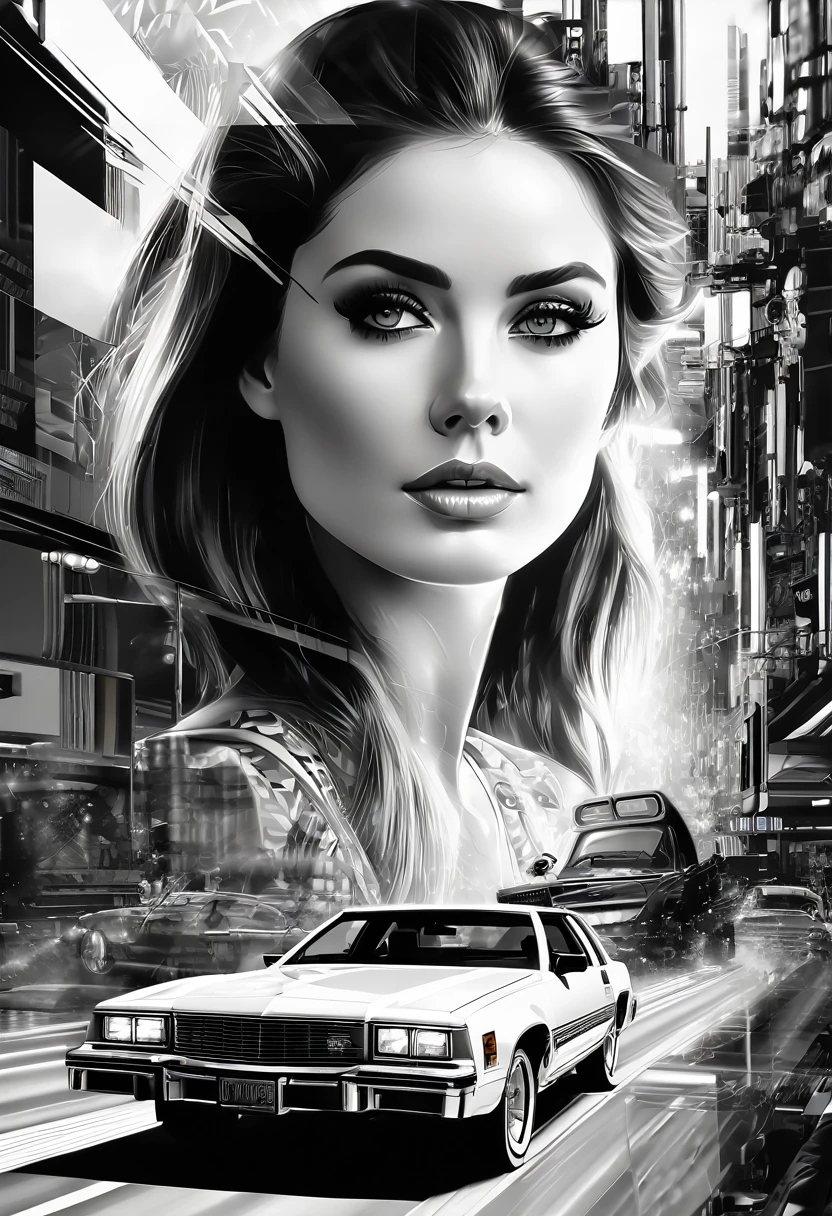 The Passenger, Seventeen, lorelei Ting, lorelei Uziuban, David Hasselhoff, thomas kinkade, Finnian MacManus, Syd Mead, Trending on artstation, black and white, glitch art, vivid colors,, black and white, perfect eyes