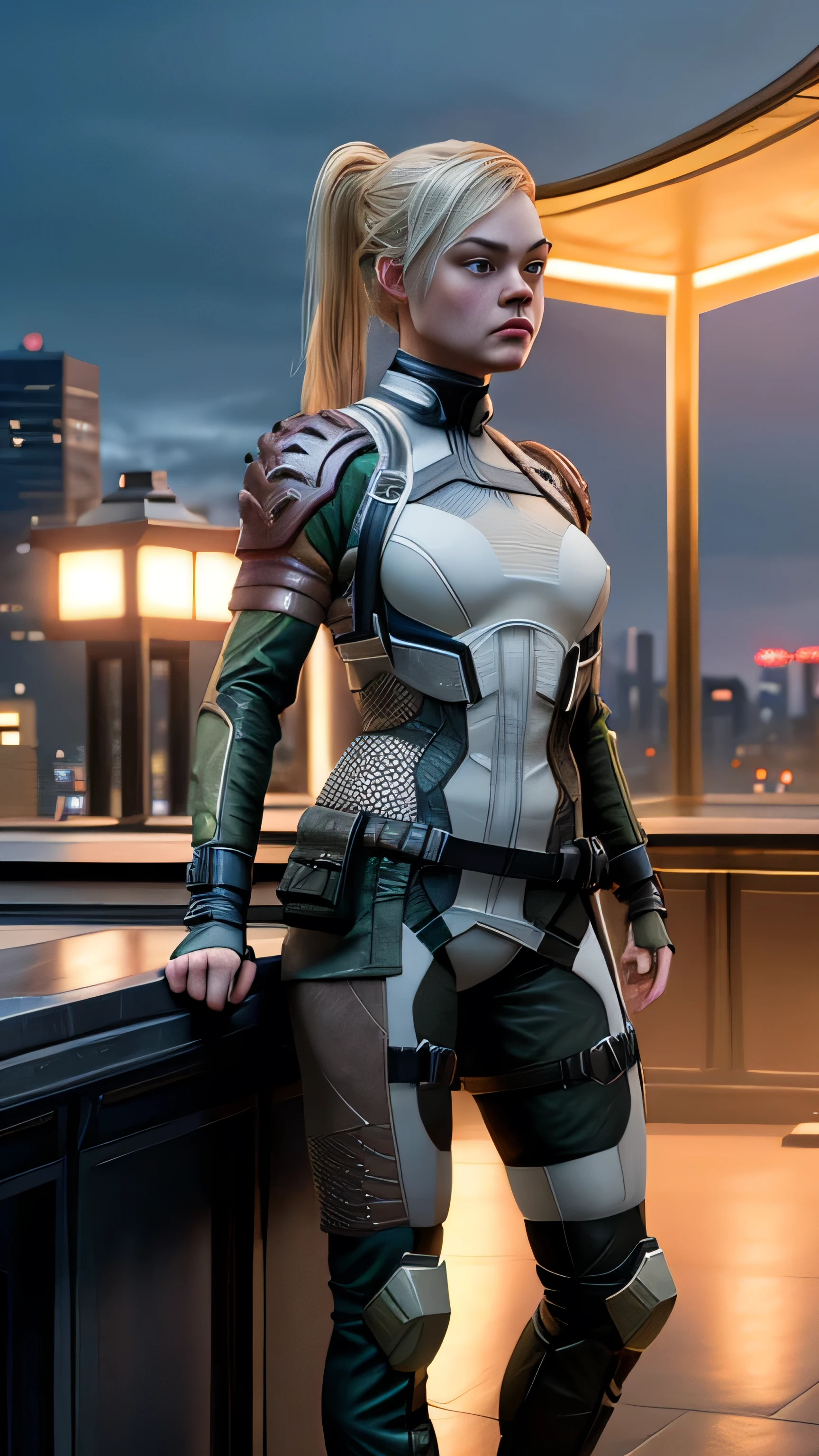 (Elle Fanning) as Cassie Cage from Mortal Kombat, blonde hair, ponytail, brown eyes, fingerless gloves, armor, bodysuit, standing, on a rooftop bar at night, standing, 1woman, solo, full body view, front view, looking at viewer, intricate, high detail, sharp focus, dramatic, photorealistic painting art by greg rutkowski