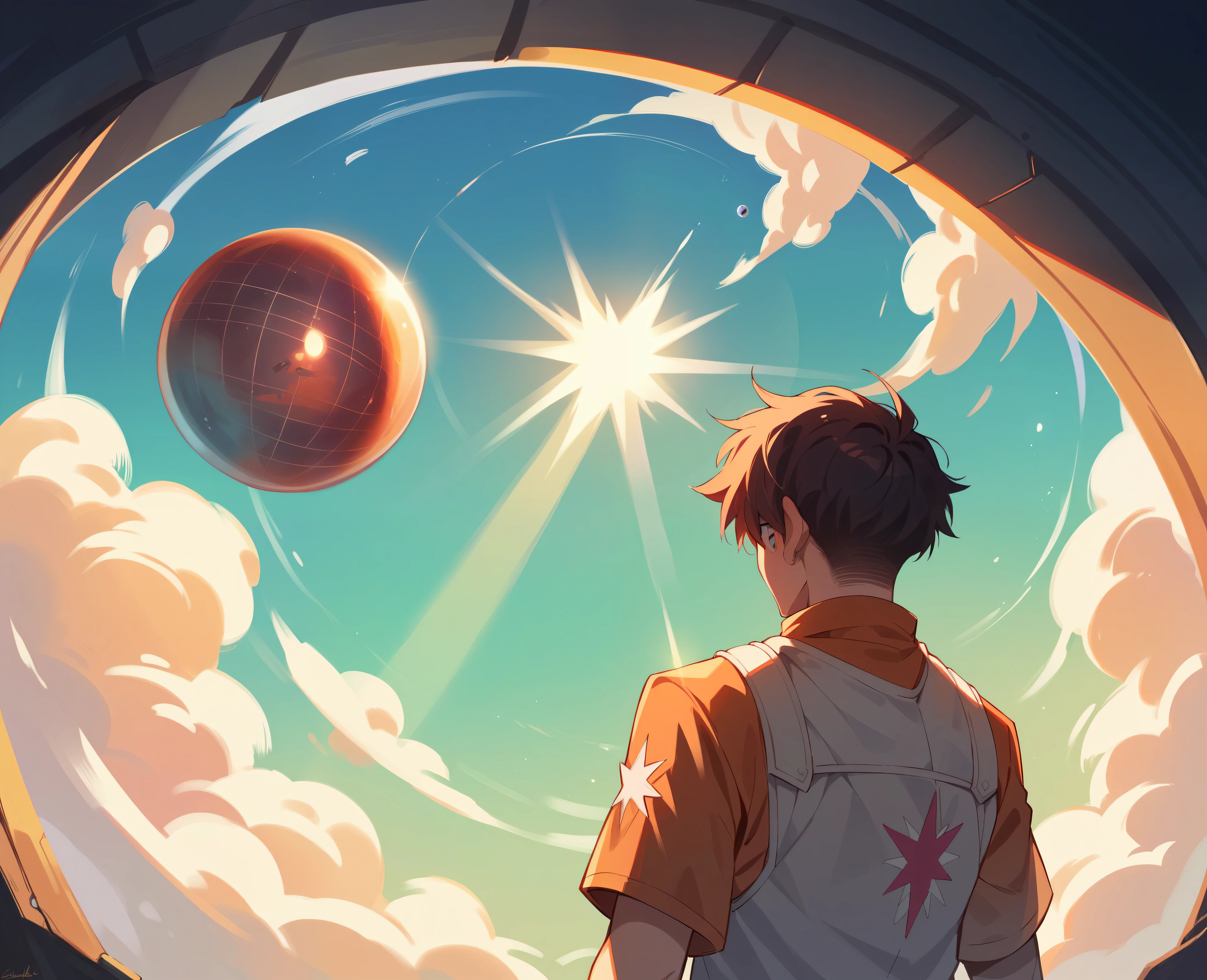 At twilight just after sunset,Below me are clouds that are bathed in sunlight and turn orange.,Futuristic mirror ball in the center of the image,The upper right corner of the sphere shines brightly.,There are rays of light radiating out.
