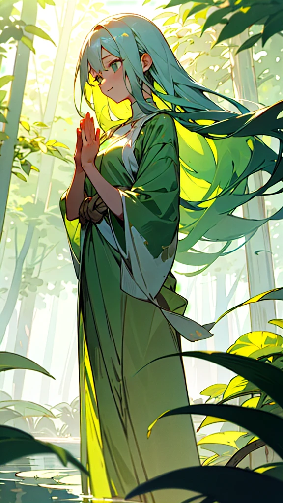 1girl, serene, standing, [lush greenery, vines, flowers:1.0], looking down, gentle eyes, warm smile, slender fingers, green dress, flowing hair, natural scenery, calm background, misty atmosphere, peaceful, serene, soft light, [leafy aura], glows soft green color on skin, hands near plants
