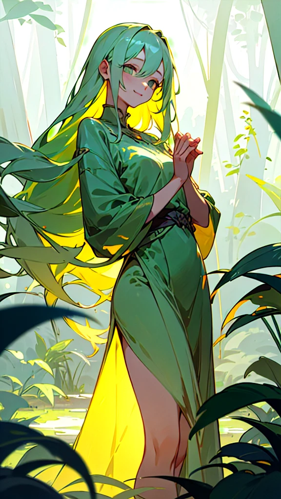 1girl, serene, standing, [lush greenery, vines, flowers:1.0], looking down, gentle eyes, warm smile, slender fingers, green dress, flowing hair, natural scenery, calm background, misty atmosphere, peaceful, serene, soft light, [leafy aura], glows soft green color on skin, hands near plants
