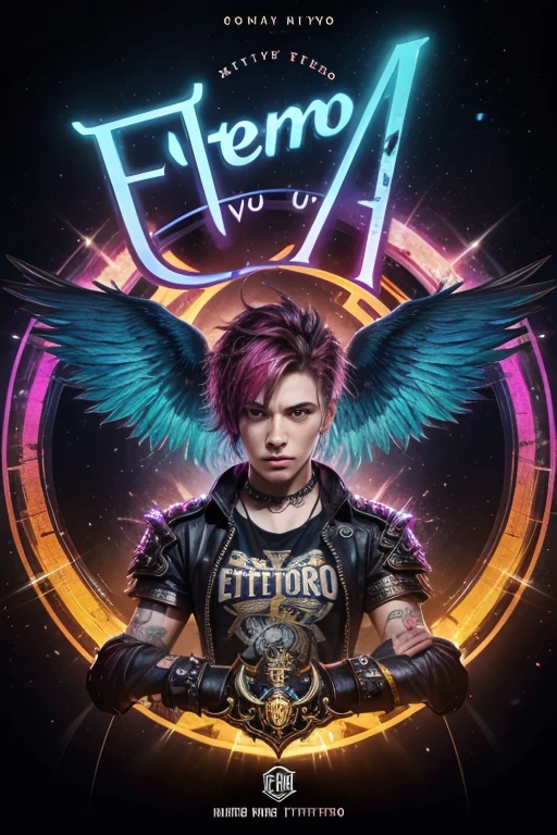 "Eterno" logo with fantasy letters and colorful punk background
