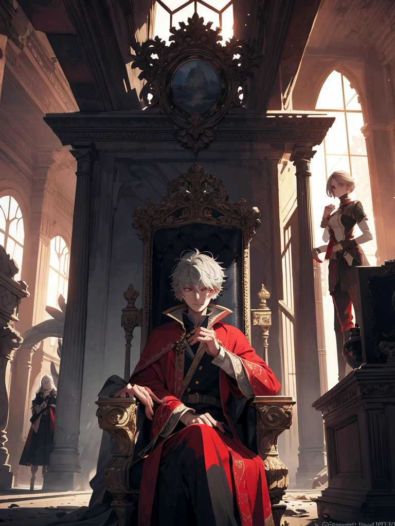 grey-haired, red-eyed the prince sits on a majestic throne inside an abandoned palace. the prince sits on a majestic throne inside an abandoned palace, 1 boy, blonde hair, Blue eyes, 20 years, Cold face, grin slightly, and covered with a dusty cloth. The protagonist is dressed in royal clothes., with a determined expression on his face, when he looks at the horizon with glowing red eyes, two beautiful girls stand behind, young girls, stand tall, dressed beautiful masterpiece, Best quality, ultra detailed, illustration, Concept art in 8K resolution, fantasy art, epic art, concept art wallpaper 4K, deep color, daylight
