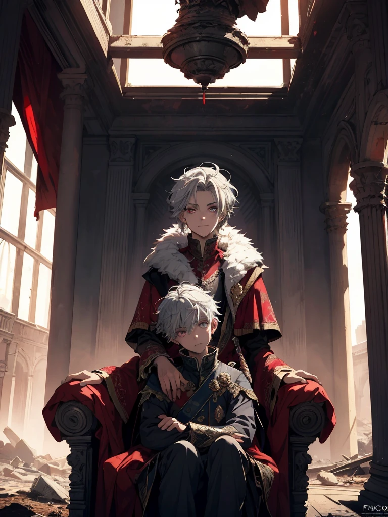 grey-haired, red-eyed the prince sits on a majestic throne inside an abandoned palace. the prince sits on a majestic throne inside an abandoned palace, 1 boy, blonde hair, Blue eyes, 20 years, Cold face, grin slightly, and covered with a dusty cloth. The protagonist is dressed in royal clothes., with a determined expression on his face, when he looks at the horizon with glowing red eyes, two beautiful girls stand behind, young girls, stand tall, dressed beautiful masterpiece, Best quality, ultra detailed, illustration, Concept art in 8K resolution, fantasy art, epic art, concept art wallpaper 4K, deep color, daylight