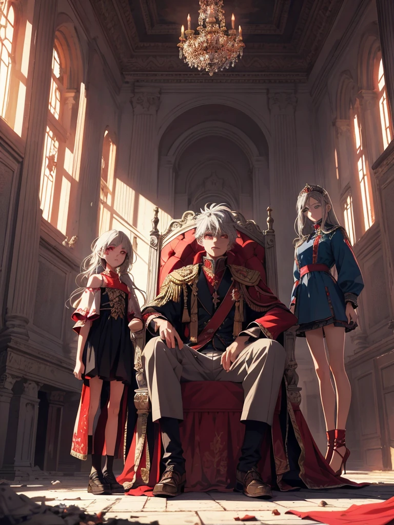 grey-haired, red-eyed the prince sits on a majestic throne inside an abandoned palace. the prince sits on a majestic throne inside an abandoned palace, 1 boy, blonde hair, Blue eyes, 20 years, Cold face, grin slightly, and covered with a dusty cloth. The protagonist is dressed in royal clothes., with a determined expression on his face, when he looks at the horizon with glowing red eyes, two beautiful girls stand behind, young girls, stand tall, dressed beautiful masterpiece, Best quality, ultra detailed, illustration, Concept art in 8K resolution, fantasy art, epic art, concept art wallpaper 4K, deep color, daylight