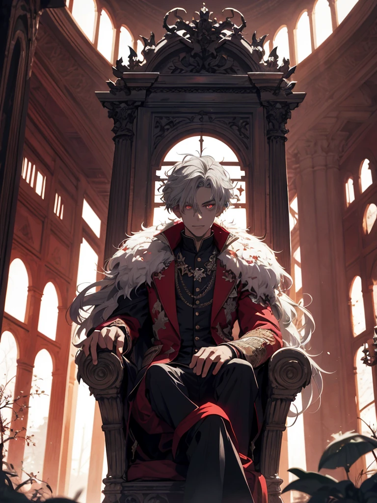 grey-haired, red-eyed the prince sits on a majestic throne inside an abandoned palace. the prince sits on a majestic throne inside an abandoned palace, 1 boy, blonde hair, Blue eyes, 20 years, Cold face, grin slightly, and covered with a dusty cloth. The protagonist is dressed in royal clothes., with a determined expression on his face, when he looks at the horizon with glowing red eyes, two beautiful girls stand behind, young girls, stand tall, dressed beautiful masterpiece, Best quality, ultra detailed, illustration, Concept art in 8K resolution, fantasy art, epic art, concept art wallpaper 4K, deep color, daylight
