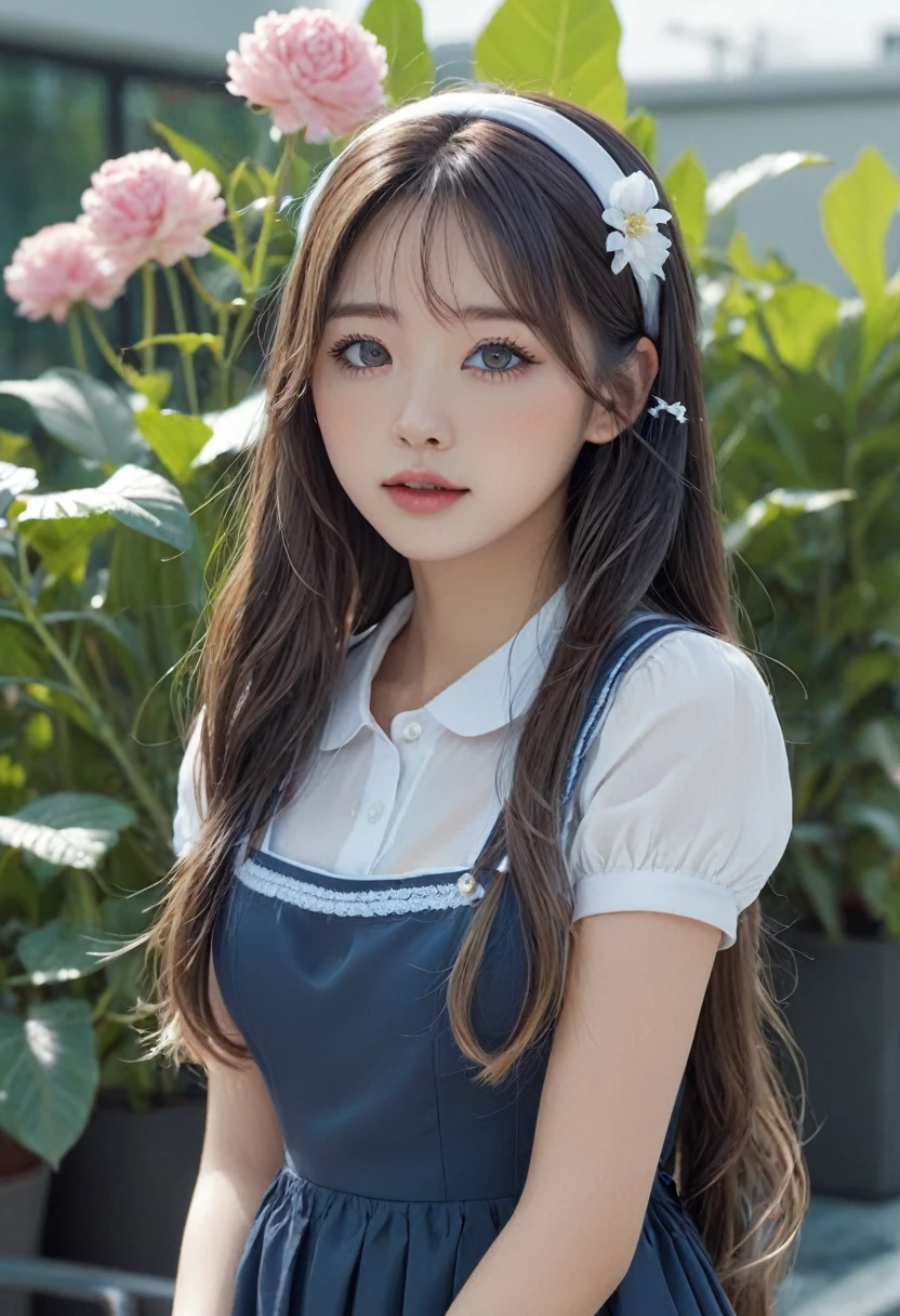 ((flower style)), (advntr), (1girl), (((solo))), (realistic:1.5), light particles, light rays, victorian, (best illustration), photorealistic, octane render, 8k, neon light, flying cars, detailed face, detailed eyes, ((maid)), maid headband, long braid, very long hair, blonde hair, blue eyes, (sharp eyeliner, eyeshadow, detailed eyes:1.1), (Ulzzang-6500), model pose, (standing), (outdoors), noon time, public area, indoors, (green house in the background), BREAK G36