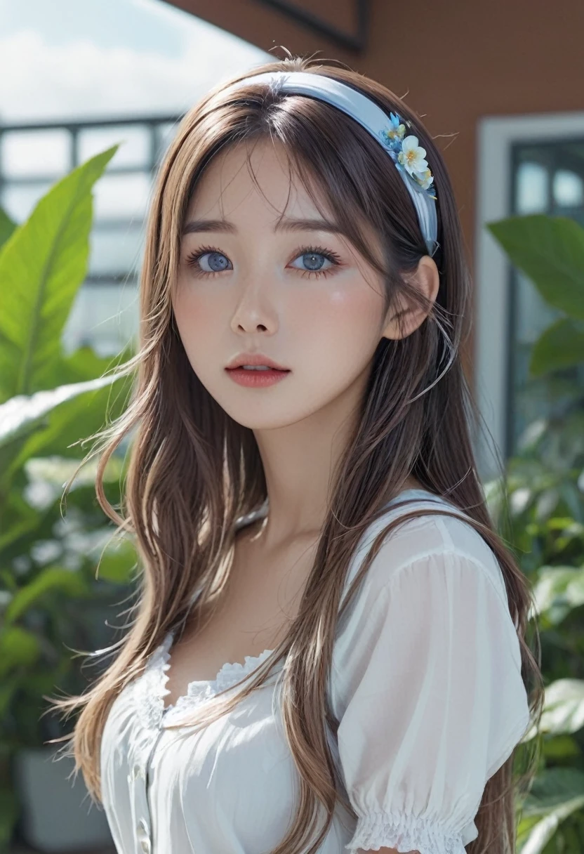 ((flower style)), (advntr), (1girl), (((solo))), (realistic:1.5), light particles, light rays, victorian, (best illustration), photorealistic, octane render, 8k, neon light, flying cars, detailed face, detailed eyes, ((maid)), maid headband, long braid, very long hair, blonde hair, blue eyes, (sharp eyeliner, eyeshadow, detailed eyes:1.1), (Ulzzang-6500), model pose, (standing), (outdoors), noon time, public area, indoors, (green house in the background), BREAK G36