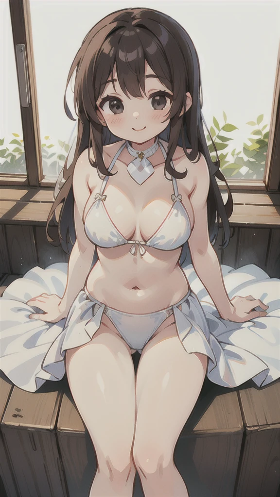 A girl, wedding dress, bikini, navel, white wedding dress, panties, sitting position, legs spread, smile, black eyes, brown hair, long hair, big breasts,