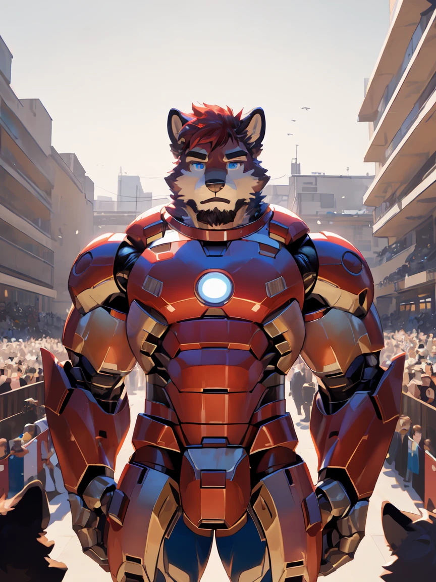 masterpiece, best quality, 8k resolution, Very detailed, hairy，Husky，(Red Hair)，(((Red fur)))，(((Blue eyes)))，Strong，Domineering face，(((Wear Iron Man Mecha Mark Series)))，(((Holding coffee))，(((For the audience)))，Highest quality scene，(((Solitary)))，solitary，Upright，whole body，Doubtful，((High-rise buildings))，((Sunlight))，((Shiny fur))，((Face-to-face))，(((Eyes on me)))