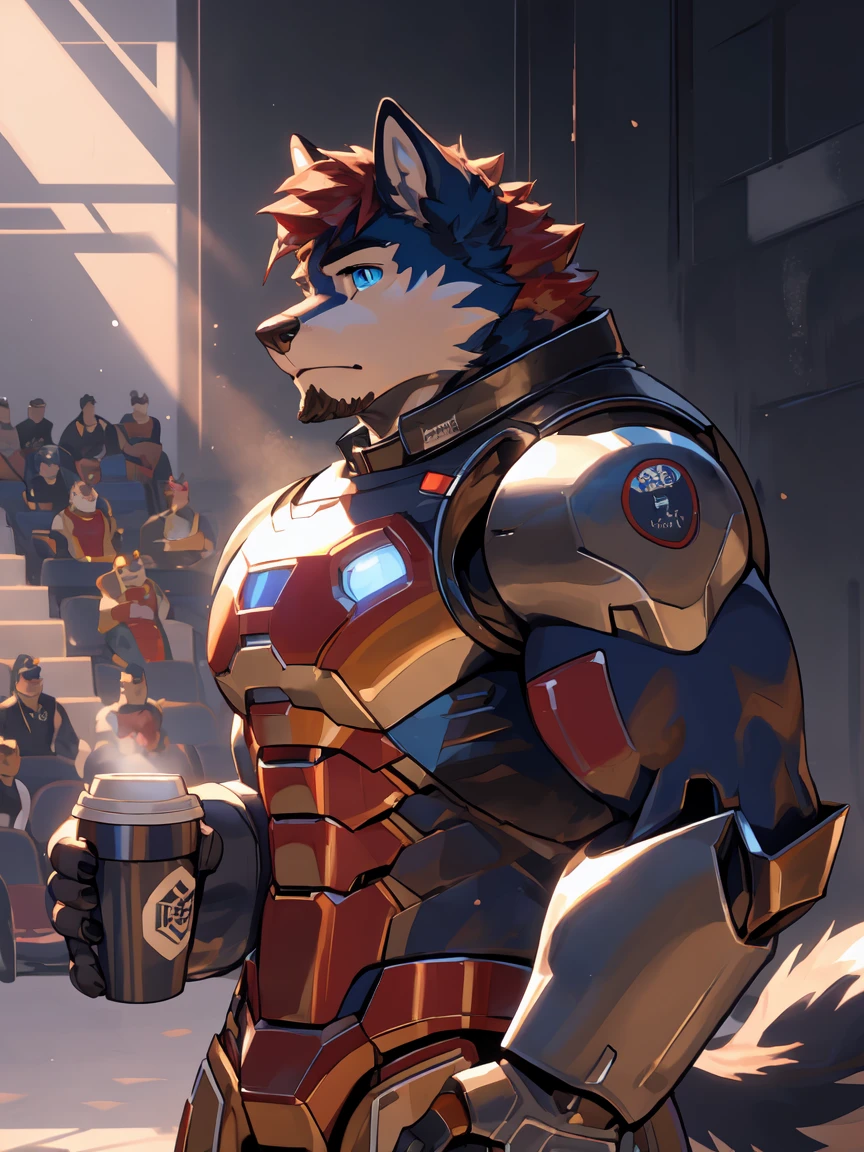 masterpiece, best quality, 8k resolution, Very detailed, hairy，Husky，(Red Hair)，(((Red fur)))，(((Blue eyes)))，Strong，Domineering face，(((Wear Iron Man Mecha Mark Series)))，(((Holding coffee))，(((For the audience)))，Highest quality scene，(((Solitary)))，solitary，Upright，whole body，Doubtful，((High-rise buildings))，((Sunlight))，((Shiny fur))，((Face-to-face))，(((Eyes on me)))