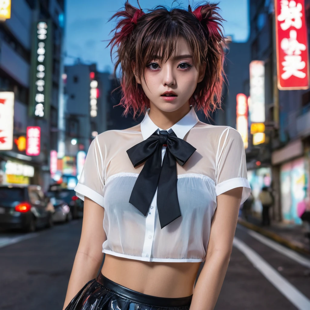 (8k, RAW photo, masterpiece:1.3), (realistic, photo-realistic:1.37), (night), (looking at viewer:1.331), (bloody hair), posing, Tokyo street, nightcityscape, cyberpunk city, soft light, topless girl, extremely beautiful face, bust, put down hands, Random hairstyle, Random expression, big eyes, lower abdomen, (sheer .JK_shirt), JK_style, (white sheer JK_skirt), (bow JK_tie), mix4., best quality