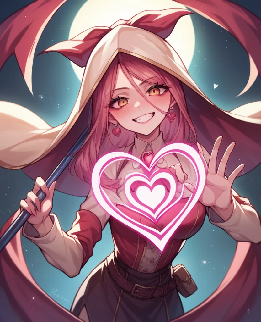 A sorceress in the style of 3D games. Unreal Engine. In her left hand is a staff. A heart-shaped spell with a pink glow is cast in the right hand. In the background there is a sign with the inscription "Academy of Love", in the style of Pixar animation