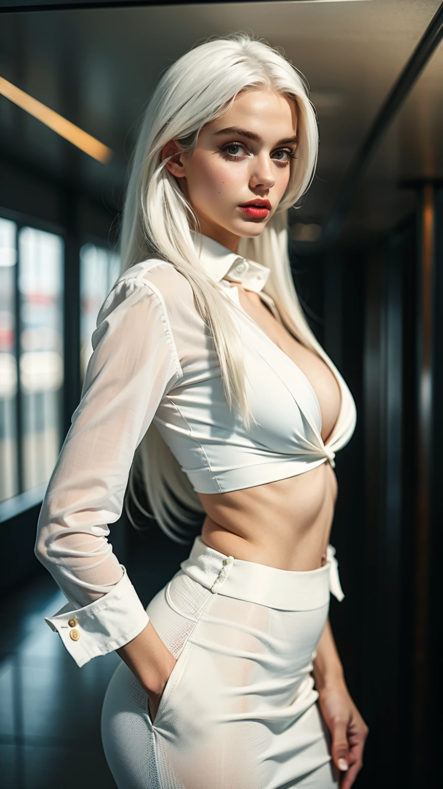 Sexy woman white hair, professional clothes, long hair, realistic background, little