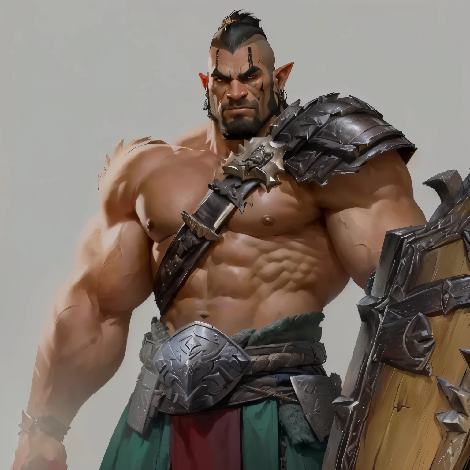 arafed Male Warrior with a sword and shield in his hand, barbarian class, Dog Face Muscle Goblin, barbarian, muscular character, picture of an adult Male Warrior, male barbarian, dnd giant character concept, Warrior concept art, Male Warrior, arabic orc, an orc, orc, orc warrior, Berserker Portrait, Handsome strong man in armor