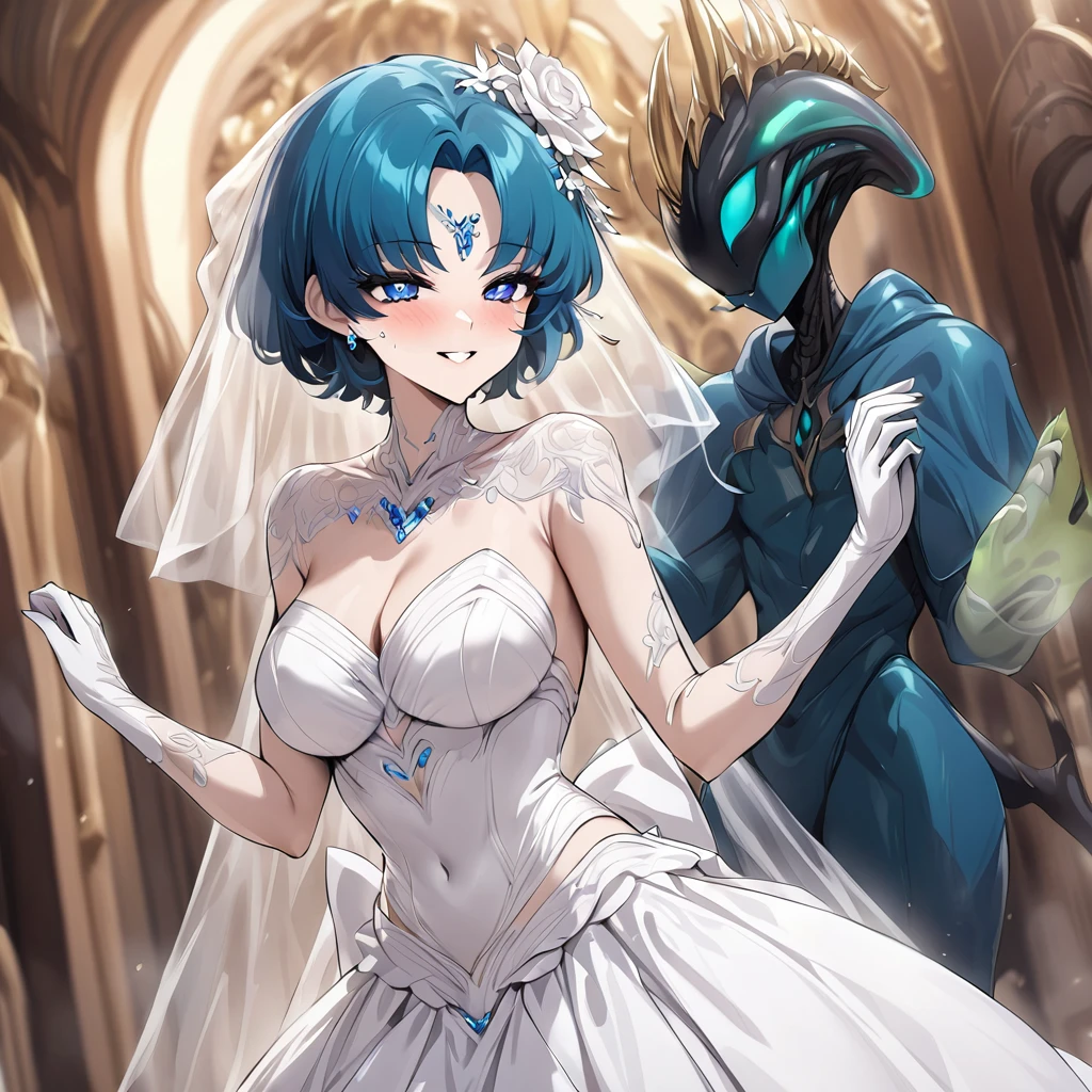((highest quality)), ((masterpiece)), (detailed), (Perfect Face)、The woman is an alien Mercury, wearing an alien wedding dress and an alien wedding veil, with short blue hair and a completely alien body.、The woman is happily holding hands with the powerful alien king at their wedding.