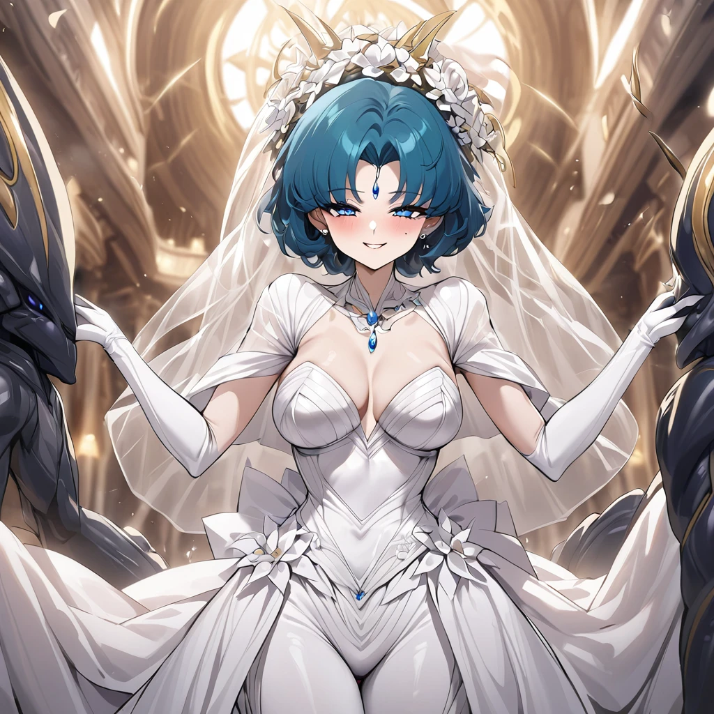 ((highest quality)), ((masterpiece)), (detailed), (Perfect Face)、The woman is an alien Mercury, wearing an alien wedding dress and an alien wedding veil, with short blue hair and a completely alien body.、The woman is happily holding hands with the powerful alien king at their wedding.