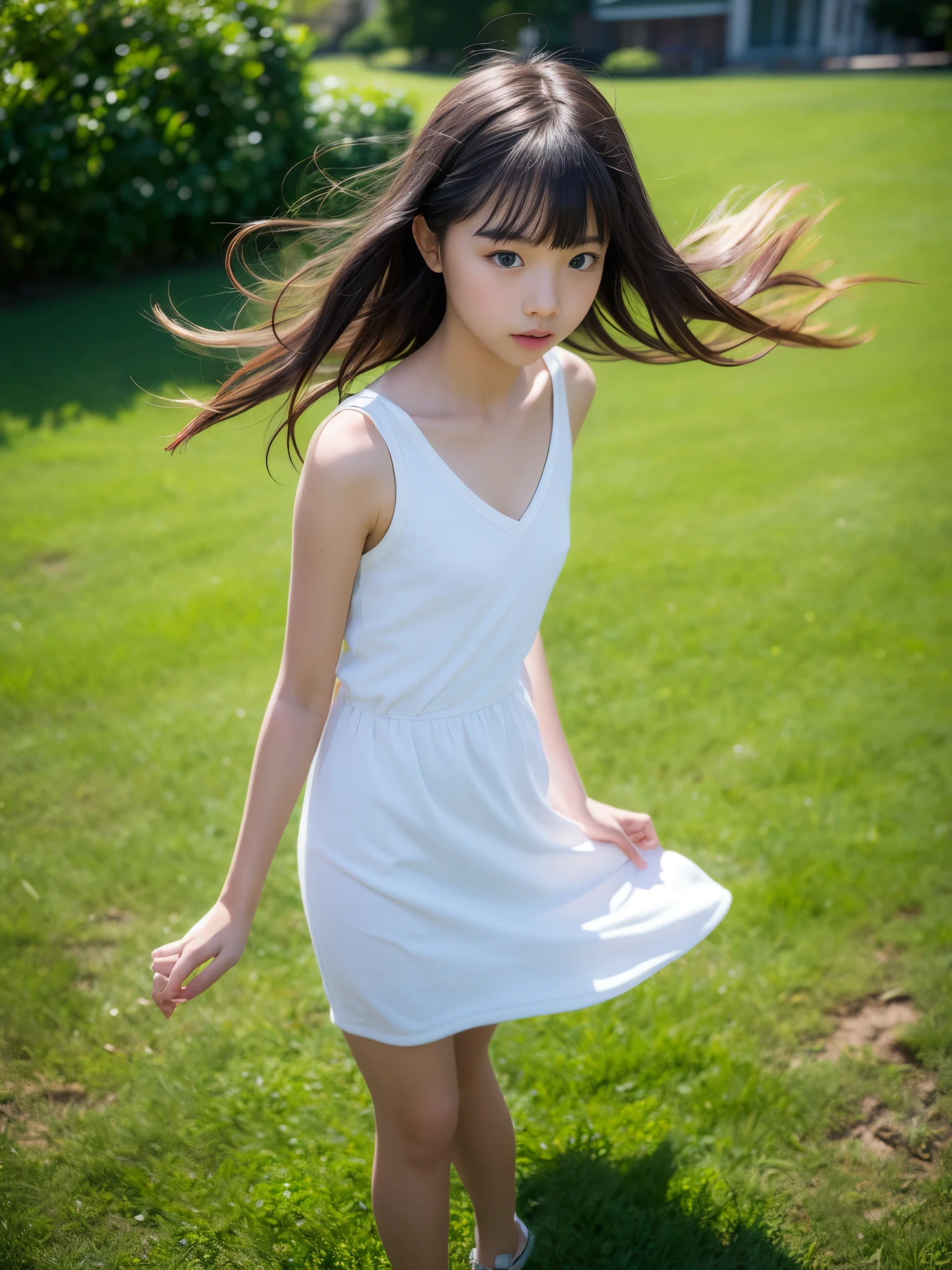 (masterpiece, highest quality:1.4), Award-winning portraits, 8k, 85mm, alone, Beautiful Face, Delicate girl,  (Cheerleader、On the grass), Sophisticated, cute, ************, RAW Photos, Confused, High resolution, Sharp focus, Background Blur、(((flat  、thin and delicate body、Childish atmosphere)))、Glossy short bob、Mole on the left cheek、 Dark blue eyes、the skirt is swaying in the wind、Hair swaying in the wind、sexy、flexible legs、naked、Angle shot from the ground