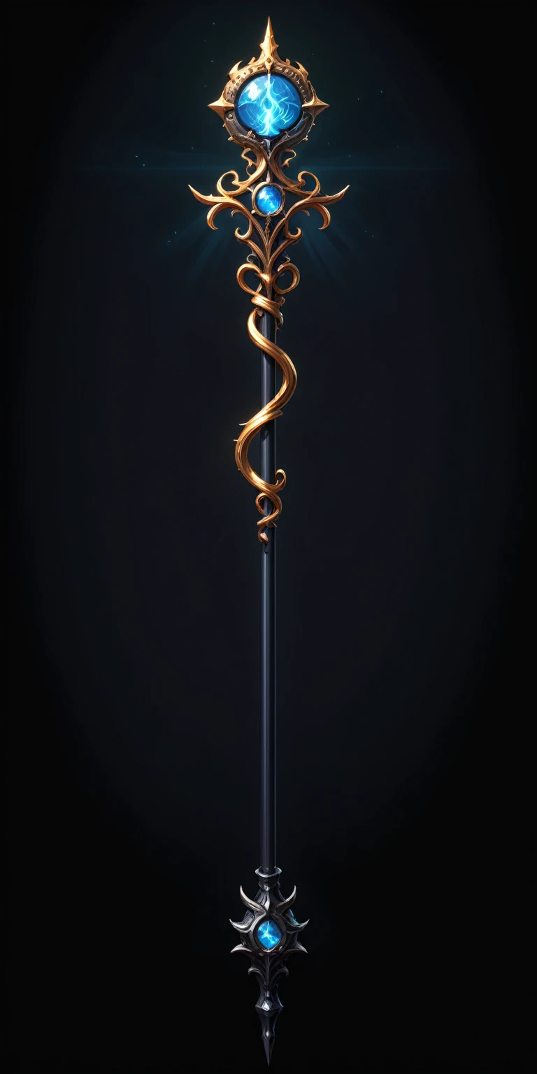 pixel art, cartoon illustration, Divine glavie greatstaff, Powerfull Magical theme, simple black background, RPG game icon 