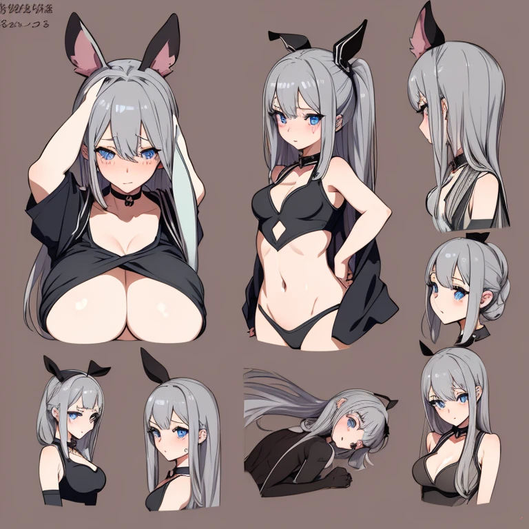 Anime style,masterpiece, high quality, 最high quality, ((Character design sheet, )),One girl,Slender figure,Small breasts,Bunny girl,heart-shaped pupils,Gray Hair,Blue eyes,(blush:1.1),choker,Upper Body,trembling,Sweat,Sweatdrop,heart, ((Heavy breathing:1.3)),