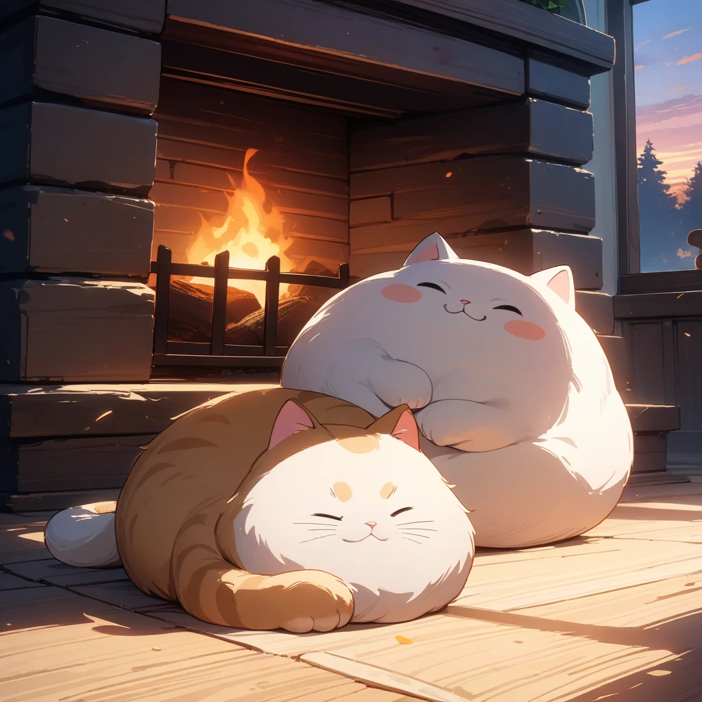 1 cat, a fat cat, in front of the fireplace at dusk, the back view of the cat sleeping curled up in front of the fireplace, the light of the setting sun and dynamic shadows expressing warmth and peace, ((Masterpiece)), ((Best Quality)), (Very Detailed), ((Very Detailed)), 4K, (8K), very aesthetic, absurdres highres,
