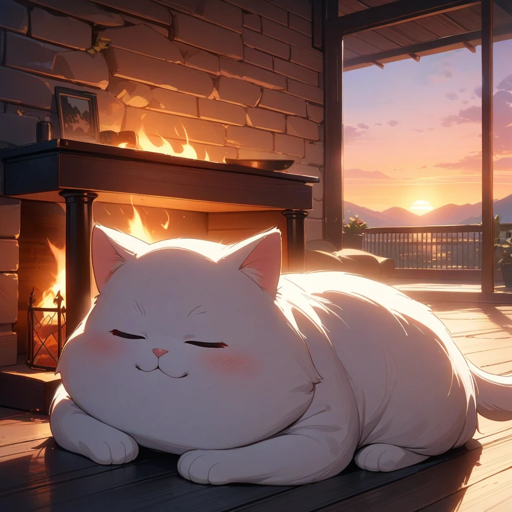 1 cat, a fat cat, in front of the fireplace at dusk, the back view of the cat sleeping curled up in front of the fireplace, the light of the setting sun and dynamic shadows expressing warmth and peace, ((Masterpiece)), ((Best Quality)), (Very Detailed), ((Very Detailed)), 4K, (8K), very aesthetic, absurdres highres,