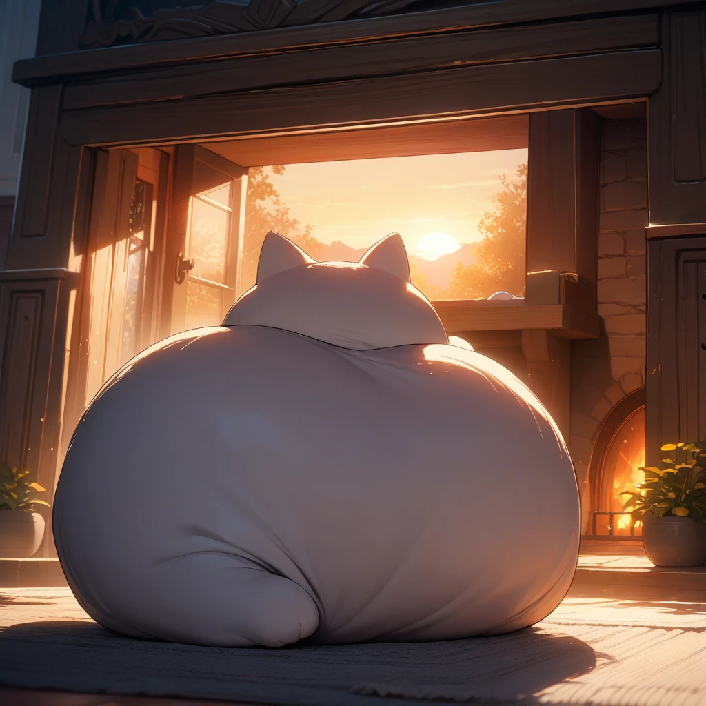 1 cat, a fat cat, in front of the fireplace at dusk, the back view of the cat sleeping curled up in front of the fireplace, the light of the setting sun and dynamic shadows expressing warmth and peace, ((Masterpiece)), ((Best Quality)), (Very Detailed), ((Very Detailed)), 4K, (8K), very aesthetic, absurdres highres,