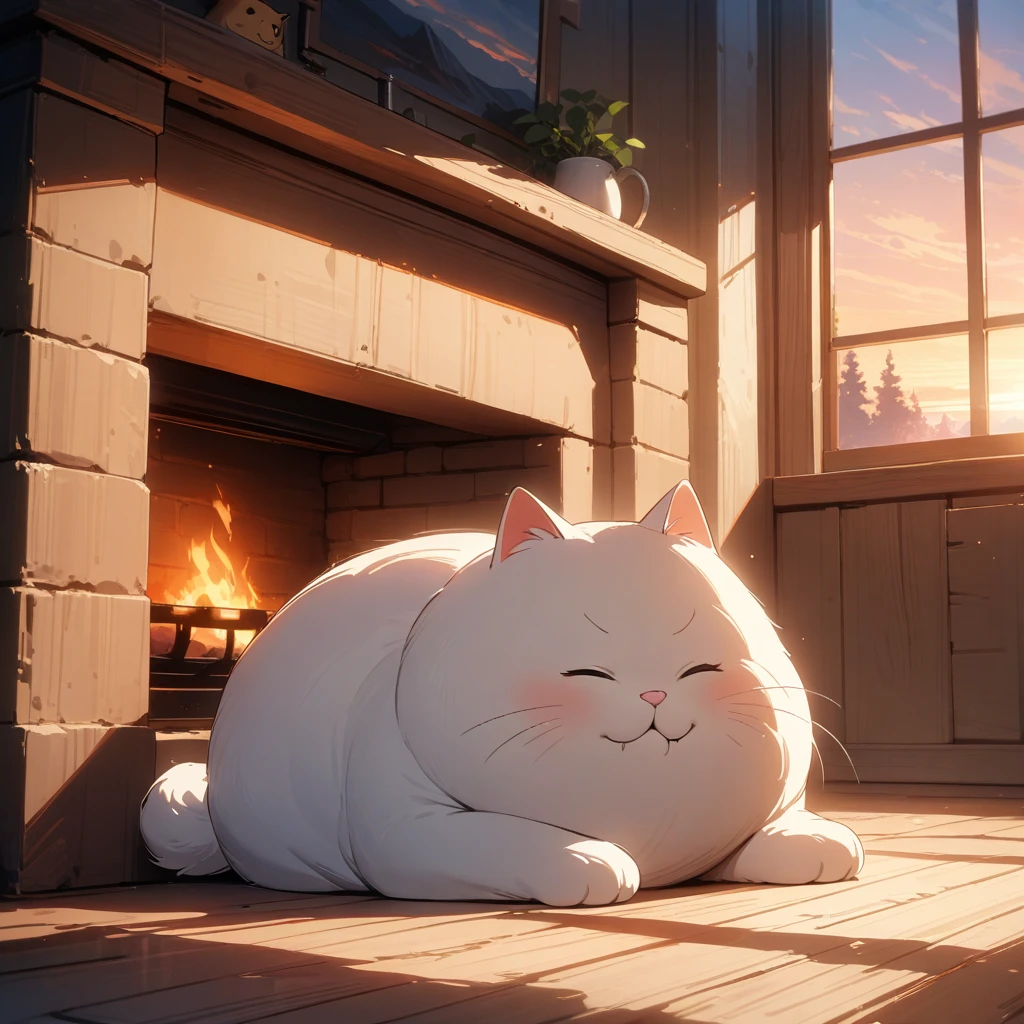 1 cat, a fat cat, in front of the fireplace at dusk, the back view of the cat sleeping curled up in front of the fireplace, the light of the setting sun and dynamic shadows expressing warmth and peace, ((Masterpiece)), ((Best Quality)), (Very Detailed), ((Very Detailed)), 4K, (8K), very aesthetic, absurdres highres,