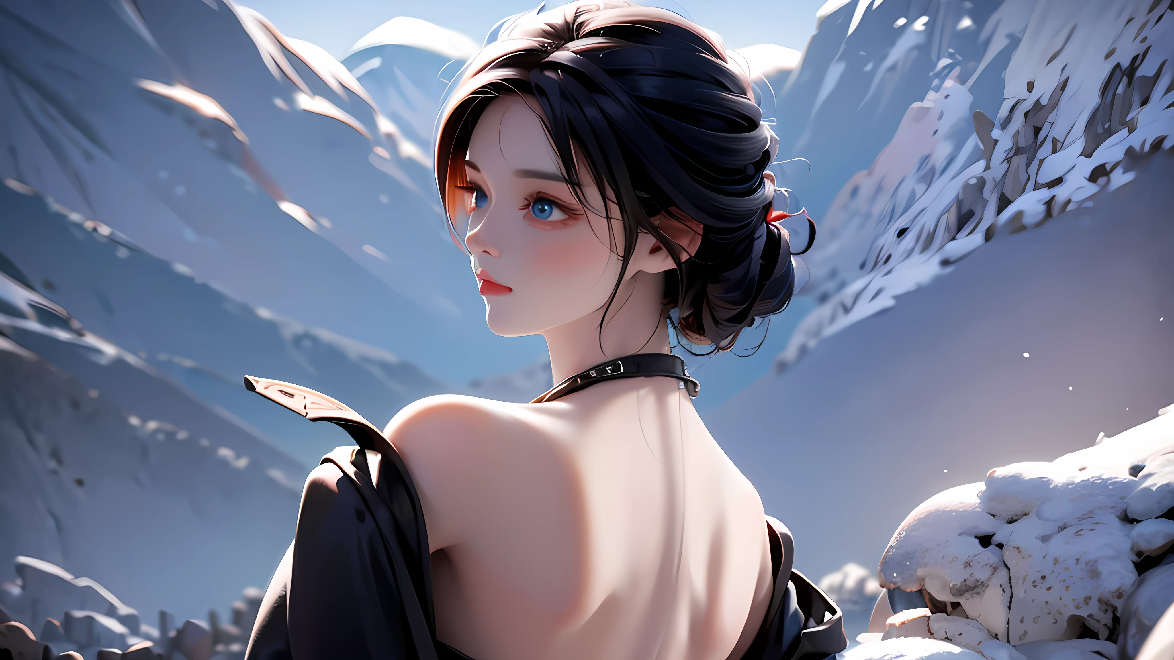1 girl, medium light black hair, light blue eyes, wearing black suit, night city  , high res, ultrasharp, 8K, masterpiece, looking from behind