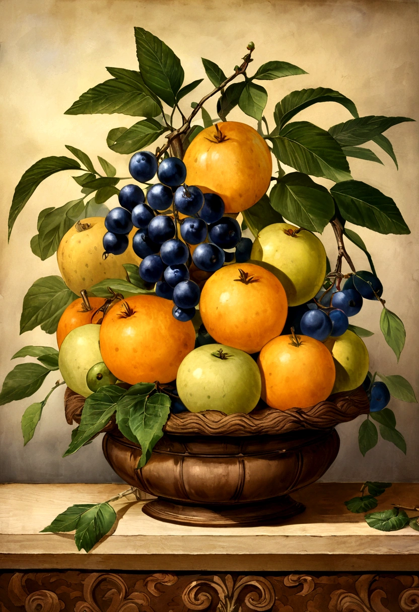 Still life print of vintage fruit painting, pintura antigua, painting from the year 1880