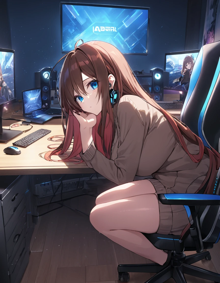 (A girl lounging in her bedroom), (a PC monitor turned on, a gaming chair), (a cluttered room), (fetal position), (perfect face), Sparkling, (masterpiece, best quality), (absurdres absolutely resolution), (8k), (detailed illustration), (super fine illustration), (professional lighting), (vivid color), detailed beatiful face, detailed beatiful eyes, detailed beatiful hair, perfect body, perfect hands, dynamic pose, dutch angle}, , looking at viewer, miku nakano, long hair, bangs, blue eyes, brown hair, shirt, hair between eyes, cardigan, headphones around neck, mature female, medium breasts