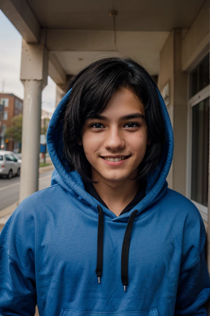 A age boy, with black hair, blue eyes, wearing a hoodie, is smiling