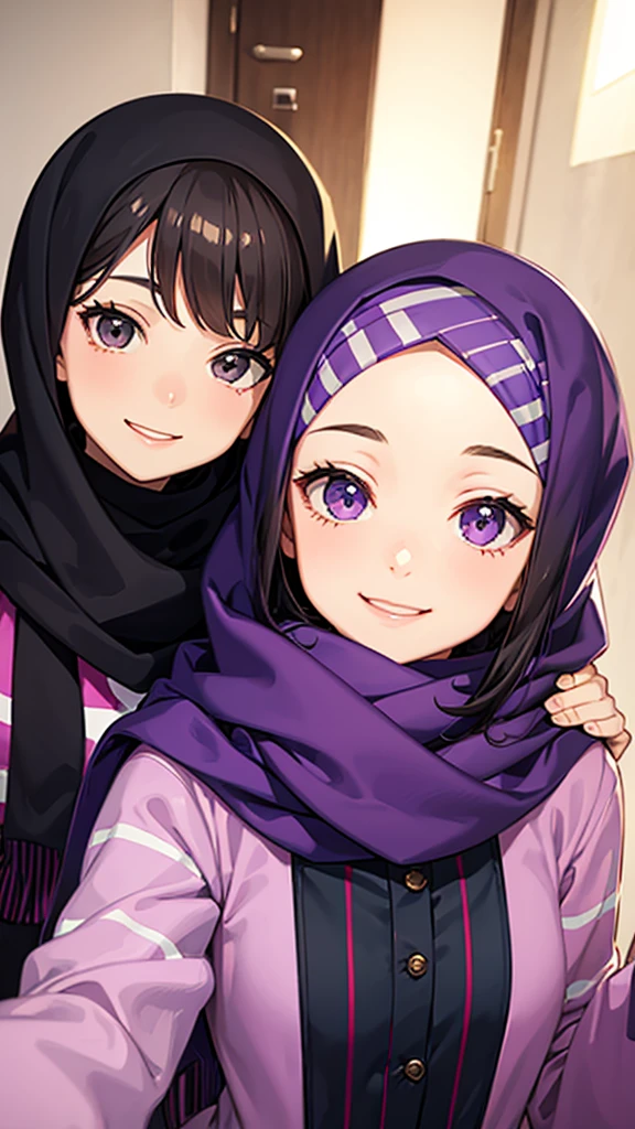 smiling woman wearing a purple scarf and a striped shirt, 20 years old woman, friendly smile, selfie of a young woman, slight smile expression, close up potrait, hijab, look at viewer