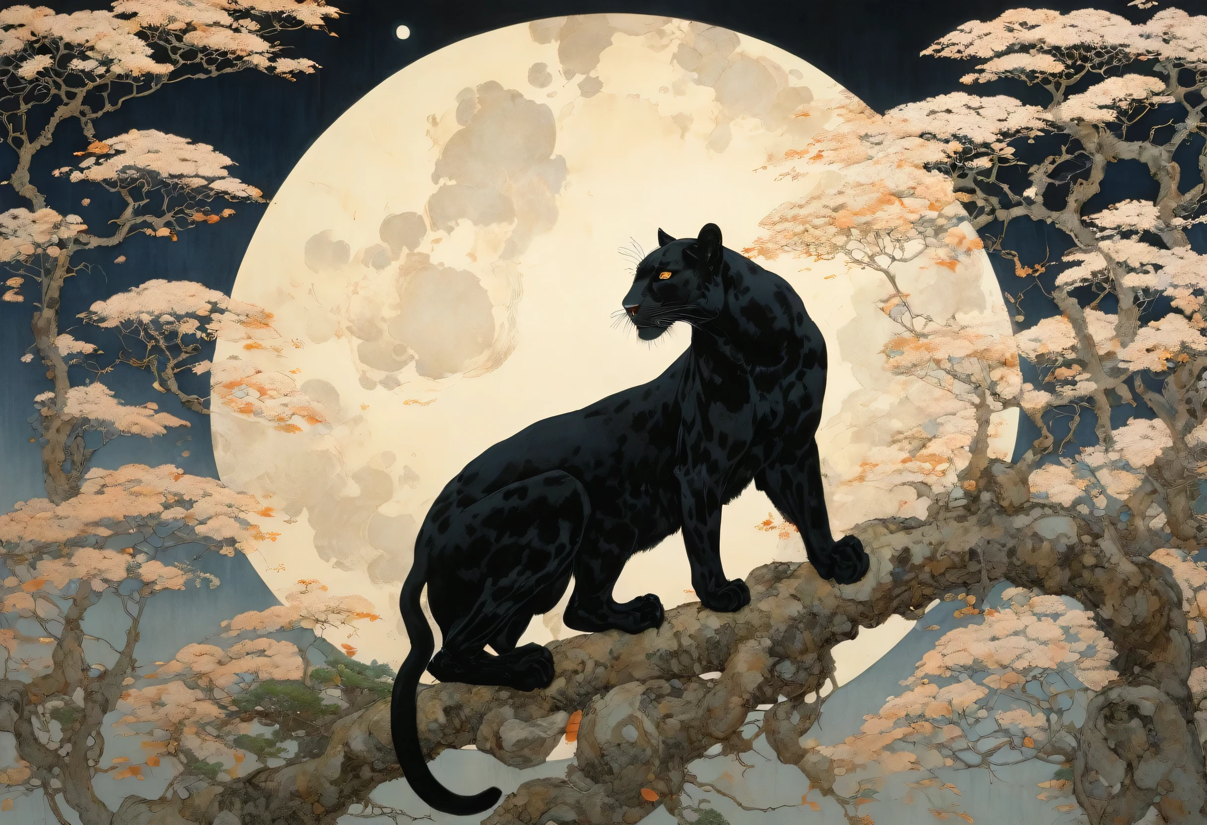 painting of a black leopard with a moon in the background, by Takato Yamamoto, (highest quality, masterpiece, Representative works, Official Art, Professional, Super intricate details, 8k)