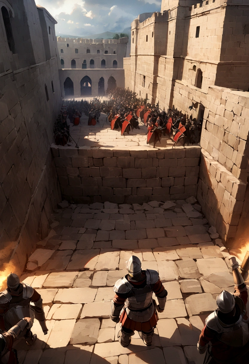 Transport yourself to an epic battle scene with this diverse and visually descriptive prompt, featuring Roman soldiers in full gear as they storm a fortified wall.