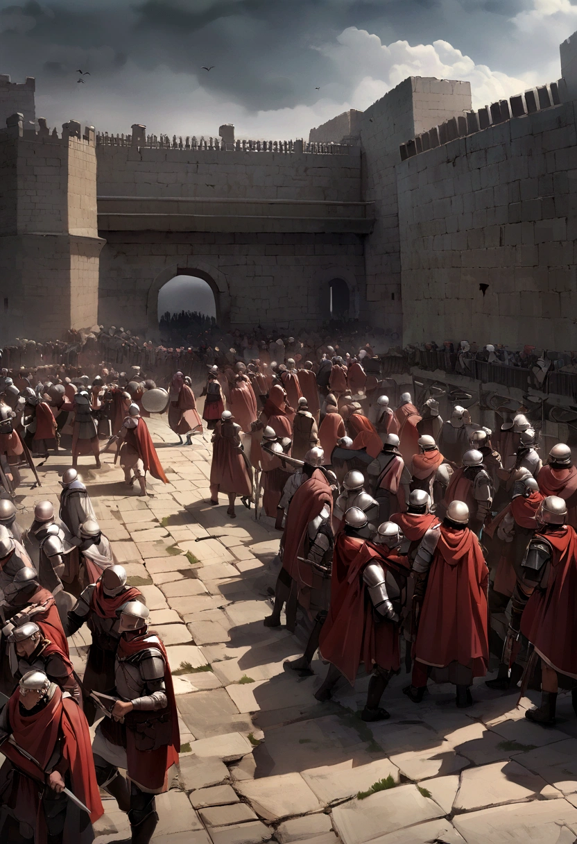 Transport yourself to an epic battle scene with this diverse and visually descriptive prompt, featuring Roman soldiers in full gear as they storm a fortified wall.