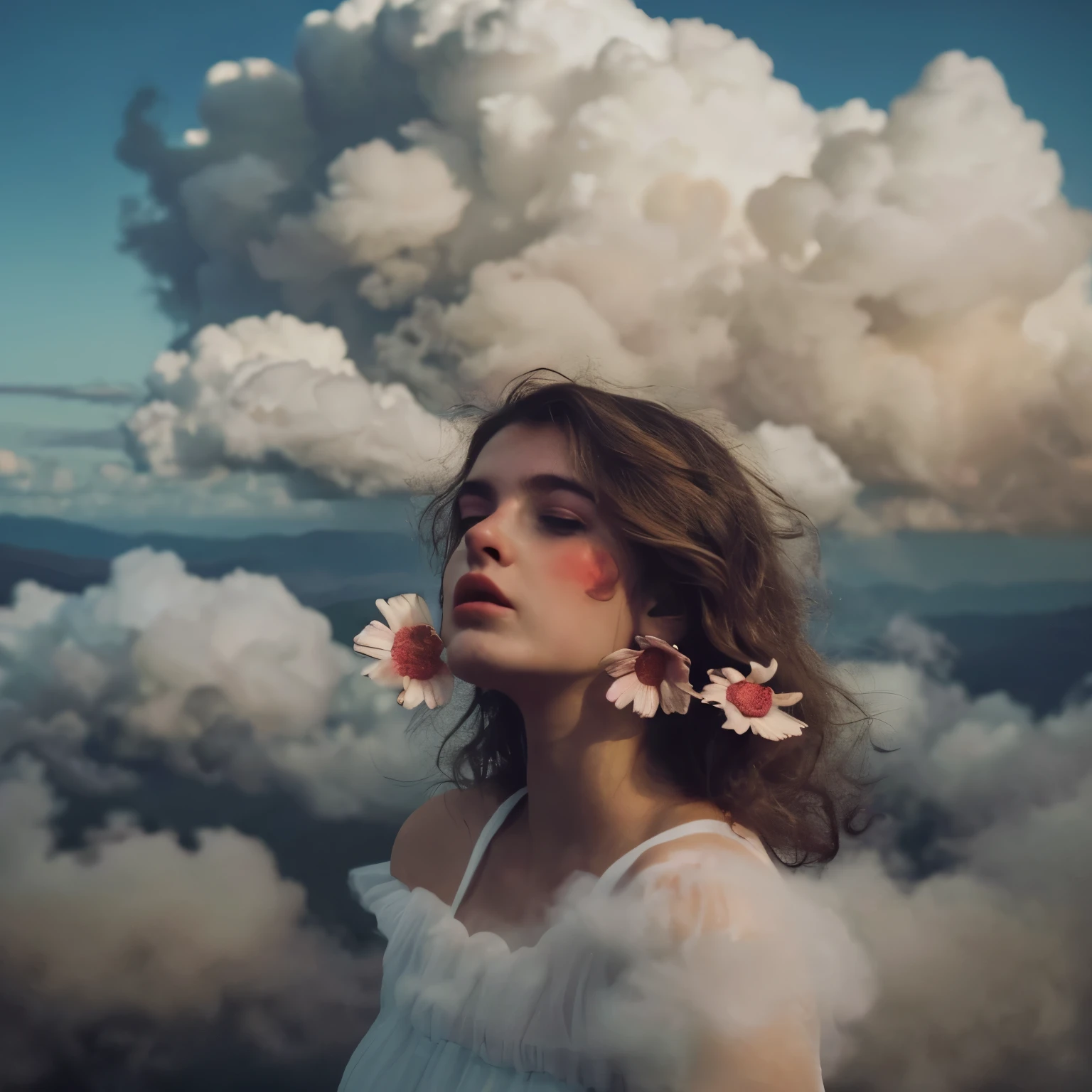 there is a woman with a flower in her hair and a cloud in her face, monia merlo, in clouds of smoke, inspired by Elsa Bleda, by irakli nadar, beautiful surreal portrait, inspired by Oleg Oprisco, girl clouds, floating in smoke, cloud goddess, inspired by irakli nadar, surreal portrait photography, atmospheric portrait
