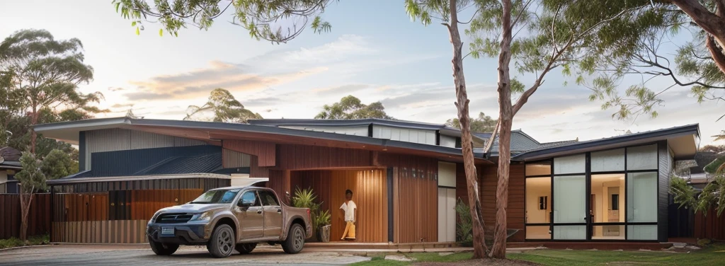 a exterior house, sunlight, modern house, timber and Colorbond cladding, masterpiece, realistic, best quality