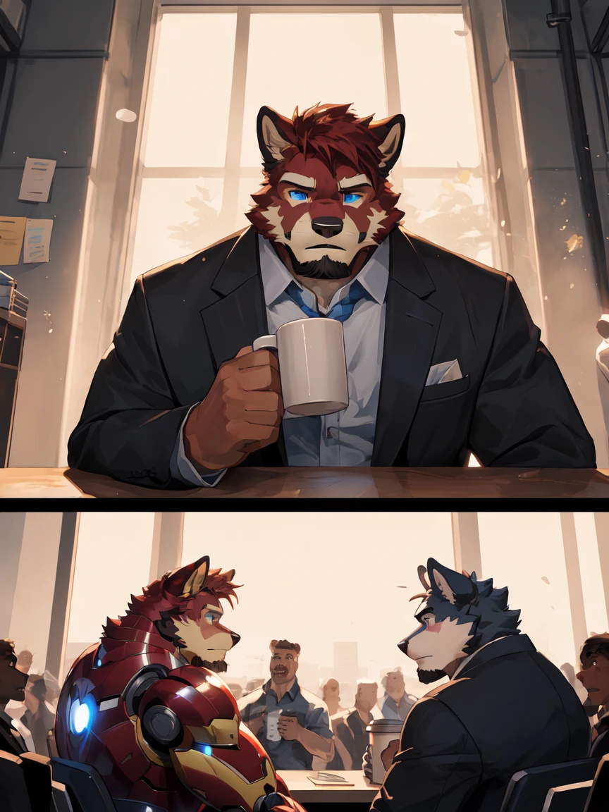 masterpiece, best quality, 8k resolution, Very detailed, hairy，Husky，(Red Hair)，(((Red fur)))，(((Blue eyes)))，Strong，Domineering face，(((Wear Iron Man Mecha Mark Series)))，(((Holding coffee))，(((For the audience)))，Highest quality scene，(((Solitary)))，solitary，Upright，full-body shot，Doubtful，((In the office))，((Sunlight))，((Shiny fur))，((Face-to-face))，(((Eyes on me)))