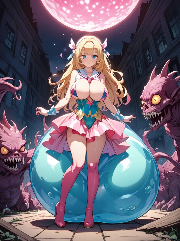 detailed illustration (side view),dynamic angle, ultra-detailed, illustration, clean line art, shading, anime, detailed eyes, detailed face, beautiful face, dramatic lighting, detailed illustration, dynamic angle, ultra-detailed, illustration, sensual face, gorgeous face, tired look on face, annoyed look on face, in front of a rundown building, dead kaiju monster on ground in background,
Magic Girl, woman in her late 30’s, milf, milf in a magic girl costume, pastel pink dress, thick, blue eyes, blonde hair, pear shaped body, big ass, perky but somewhat sagging breasts, magical sailor girl costume, clothes too small, magical effects, magical sparkling, wide hips, leotard, short skirt, thigh high socks, arm stockings, thunder thighs, bottom heavy body, covered in slime, scary dead monster in background, standing triumphant on monster