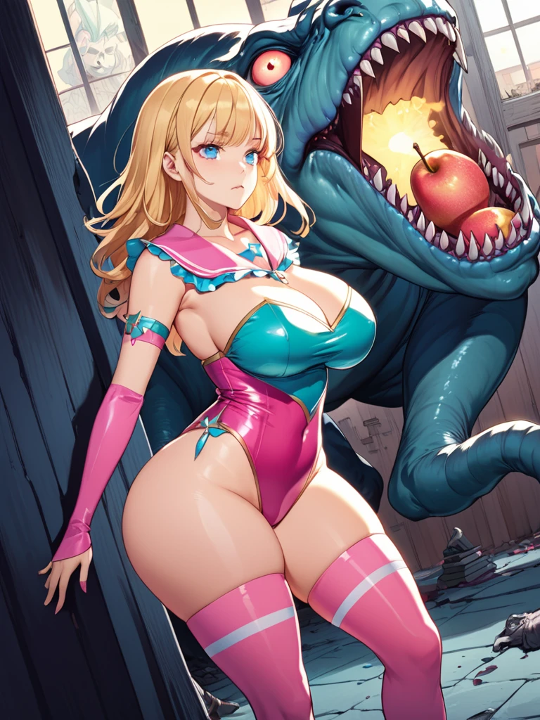 detailed illustration (side view),dynamic angle, ultra-detailed, illustration, clean line art, shading, anime, detailed eyes, detailed face, beautiful face, dramatic lighting, detailed illustration, dynamic angle, ultra-detailed, illustration, sensual face, gorgeous face, tired look on face, annoyed look on face, in front of a rundown building, dead kaiju monster on ground in background,

Magic Girl, woman in her late 30’s, milf, milf in a magic girl costume, pastel pink dress, thick, blue eyes, blonde hair, pear shaped body, big , perky but somewhat sagging , magical sailor girl costume, clothes too small, magical effects, magical sparkling, wide , leotard, short skirt, thigh high socks, arm stockings, thunder thighs, bottom heavy body, covered in slime, scary dead monster in background, standing triumphant on monster 