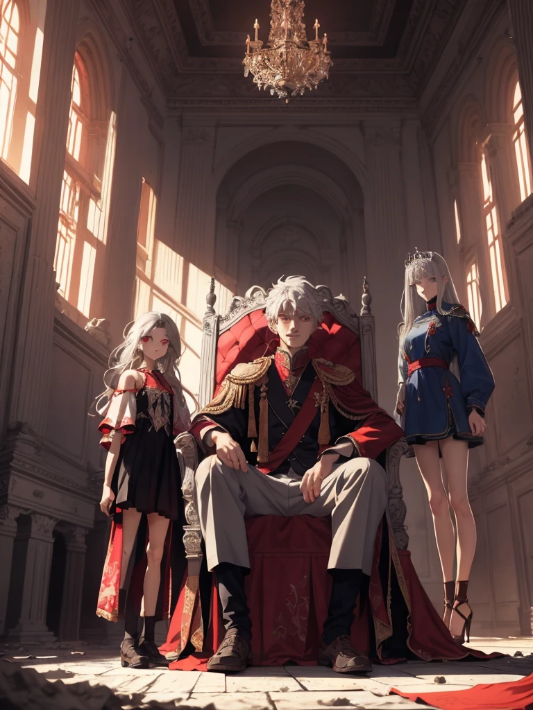 grey-haired, red-eyed the prince sits on a majestic throne inside an abandoned palace. the prince sits on a majestic throne inside an abandoned palace, 1 boy, blonde hair, Blue eyes, 20 years, Cold face, grin slightly, and covered with a dusty cloth. The protagonist is dressed in royal clothes., with a determined expression on his face, when he looks at the horizon with glowing red eyes, two beautiful girls stand behind, young girls, stand tall, dressed beautiful masterpiece, Best quality, ultra detailed, illustration, Concept art in 8K resolution, fantasy art, epic art, concept art wallpaper 4K, deep color, daylight