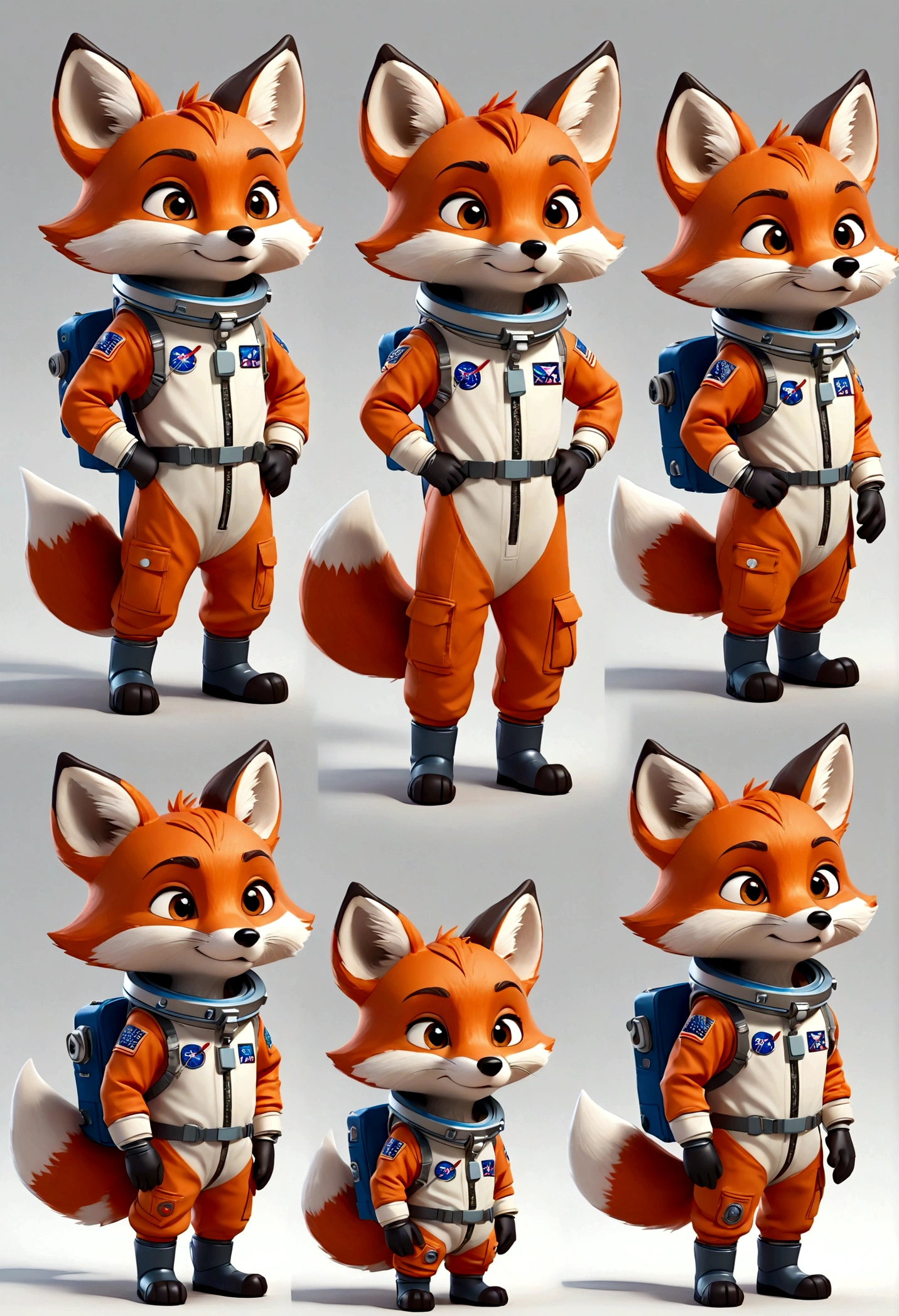 cute anthropomorphic little fox character, Astronaut outfit, multiple poses and expressions, 4 poses, full body, children's book illustration style, simple, cute, artist, full color, 3d model, light and shadow, suit clothes, flat color, white background, look straight