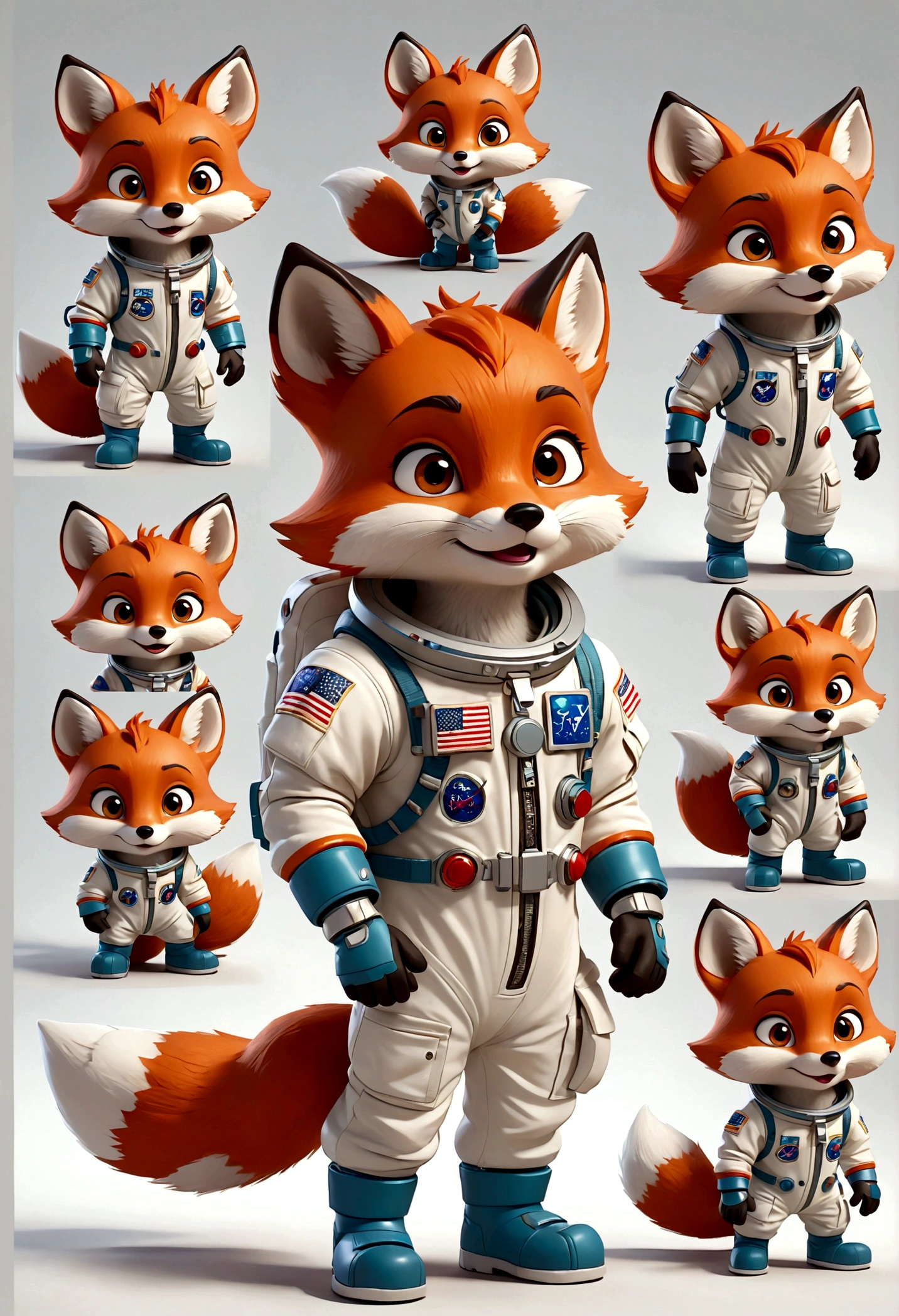 cute anthropomorphic little fox character, Astronaut outfit, multiple poses and expressions, 4 poses, full body, children's book illustration style, simple, cute, artist, full color, 3d model, light and shadow, suit clothes, flat color, white background, look straight