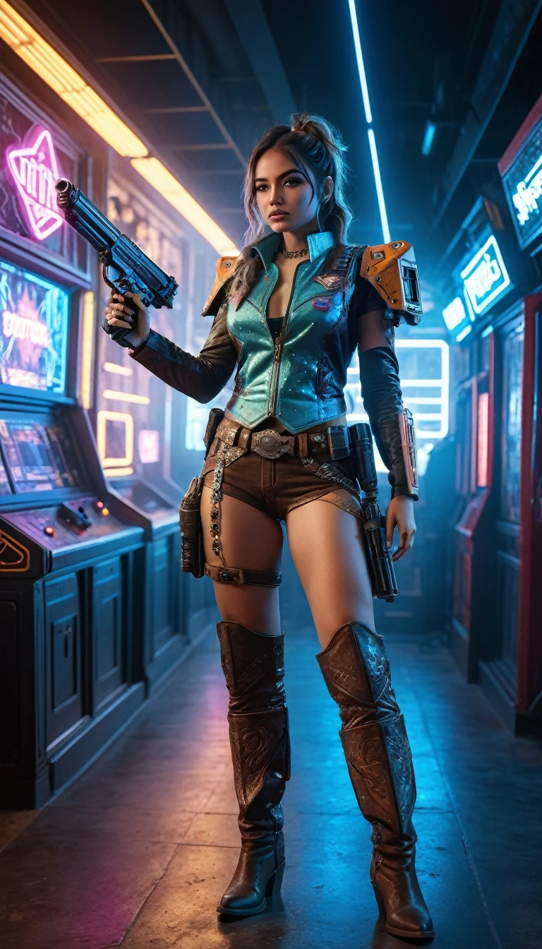 Full body portrait, full back view, A woman in a cosmic cowgirl style outfit, space cowboy inspired, holding a laser gun, bounty hunter, detailed face, intricate costume, cinematic lighting, dramatic pose, sci-fi background, neon lights, hyper-detailed, 8K, photorealistic, masterpiece, full body shot