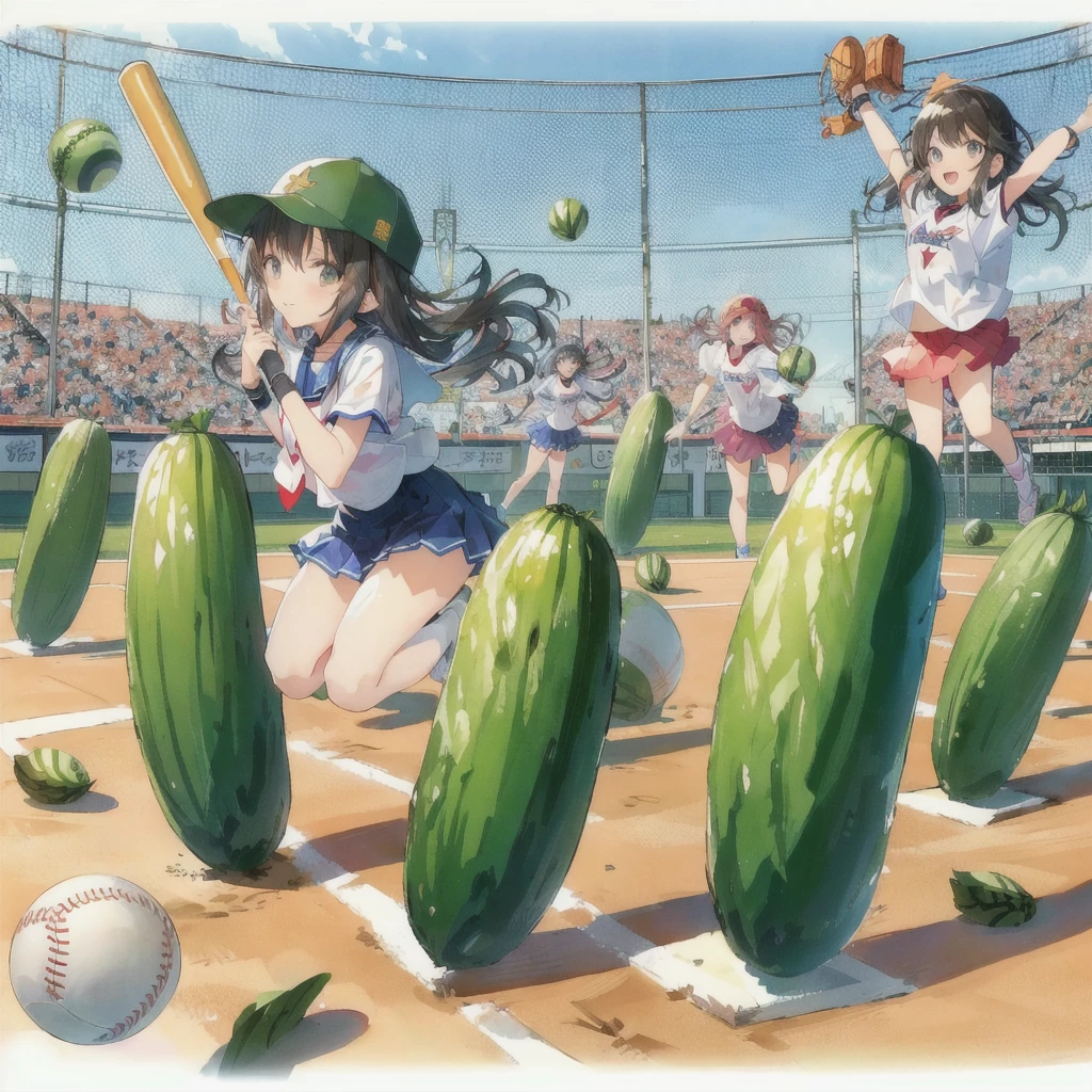 Cartoon characters playing baseball with pickles and ball, smile,Official Anime Artwork, Official Art, Official anime stills, by Oze Kanaoka, high detailed Official Artwork, Official Artwork, Casciato, the material is!!! watermelon!!!, Popular on pixiv, Promotional Art, Topics on pixiv, by Narashige Koide, Game Art!!, Casciato kenz