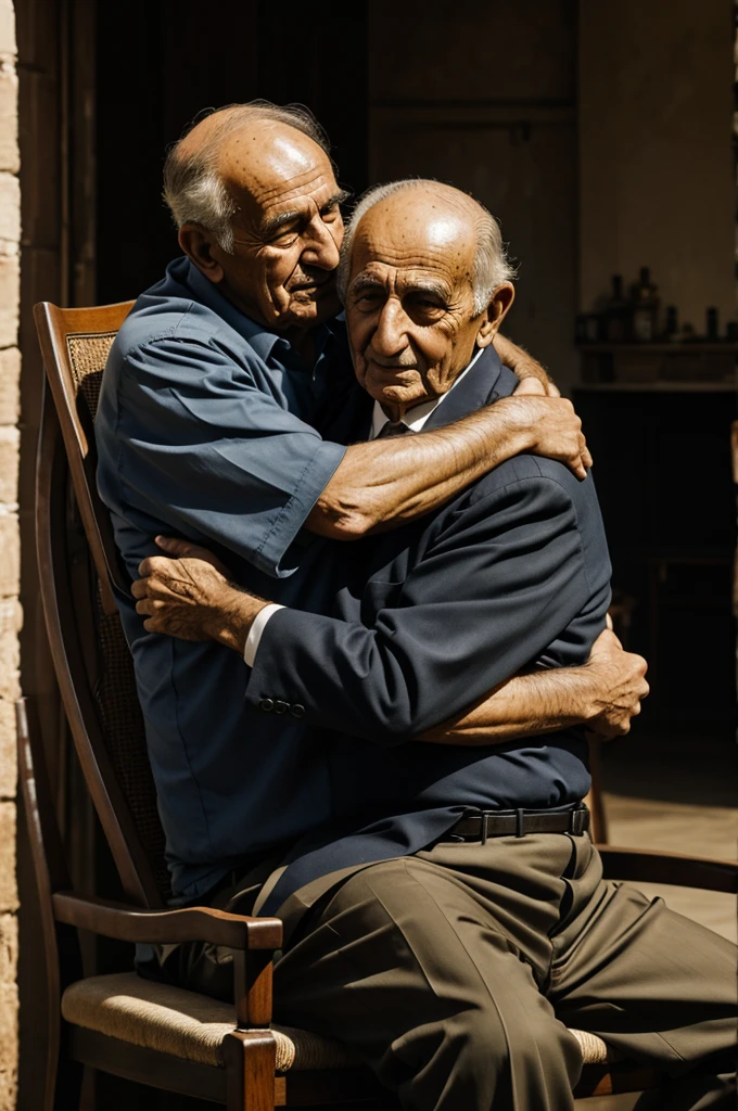 Un anciano, hugging a man sitting in a chair
